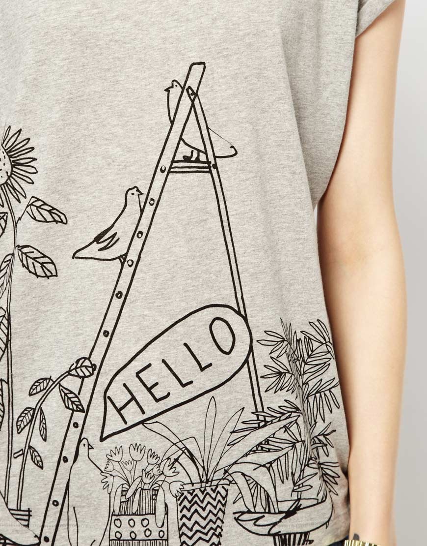 Girls Gray Birds and Flower prints Casual T-shirt Tees-