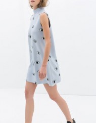 Top Shop Inspired Big Eyes Printed Off the Shoulder Turtleneck Mini Straight Dress with Zipper on Bac