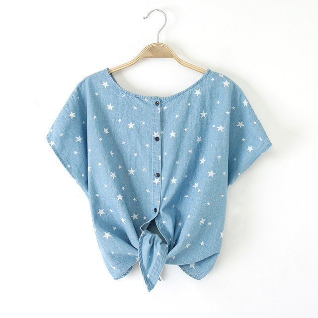 Woman Casual Stars Patterns T-shirts Batwing Sleeves O-Neck Jean Tops with Buttons on Bac