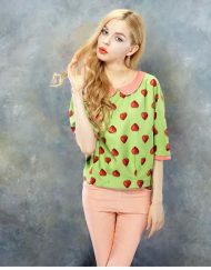 Fresh Strawberry Printed Chiffon Blouse with Peter Pan Collar Shirts